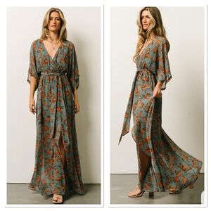 Baltic Born Women Kia Kimono Maxi Dress Dusty Blue Floral Medium Tie Waste